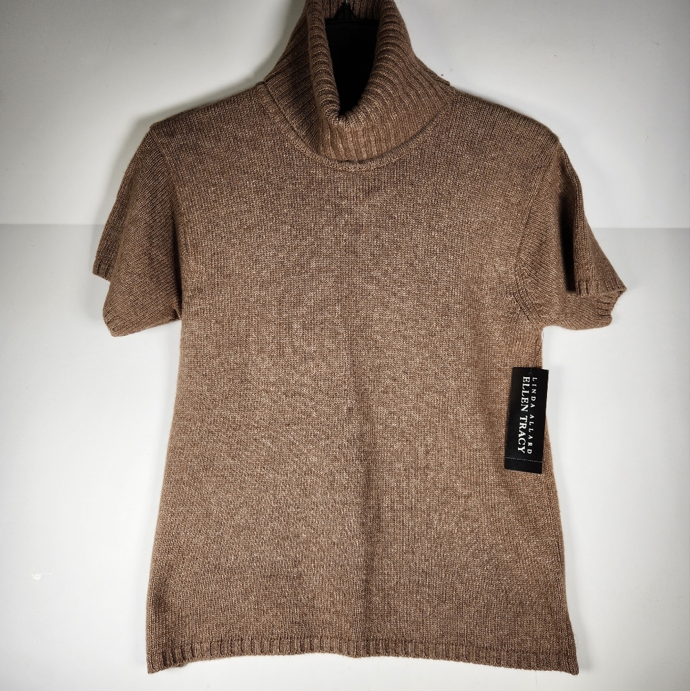 Linda Allard Ellen Tracy Turtleneck Sweater Size M Short Sleeve Tan Taupe Color